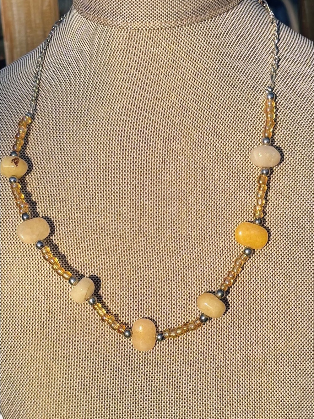 Vtg Artisan Chunky Yellow Stone Necklace UV Reactive Glow Seed Beads